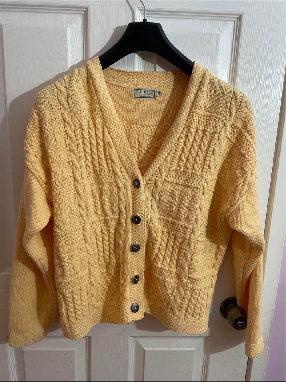 L.L. Bean Women's Pale Yellow Textured Cable Knit Cardigan